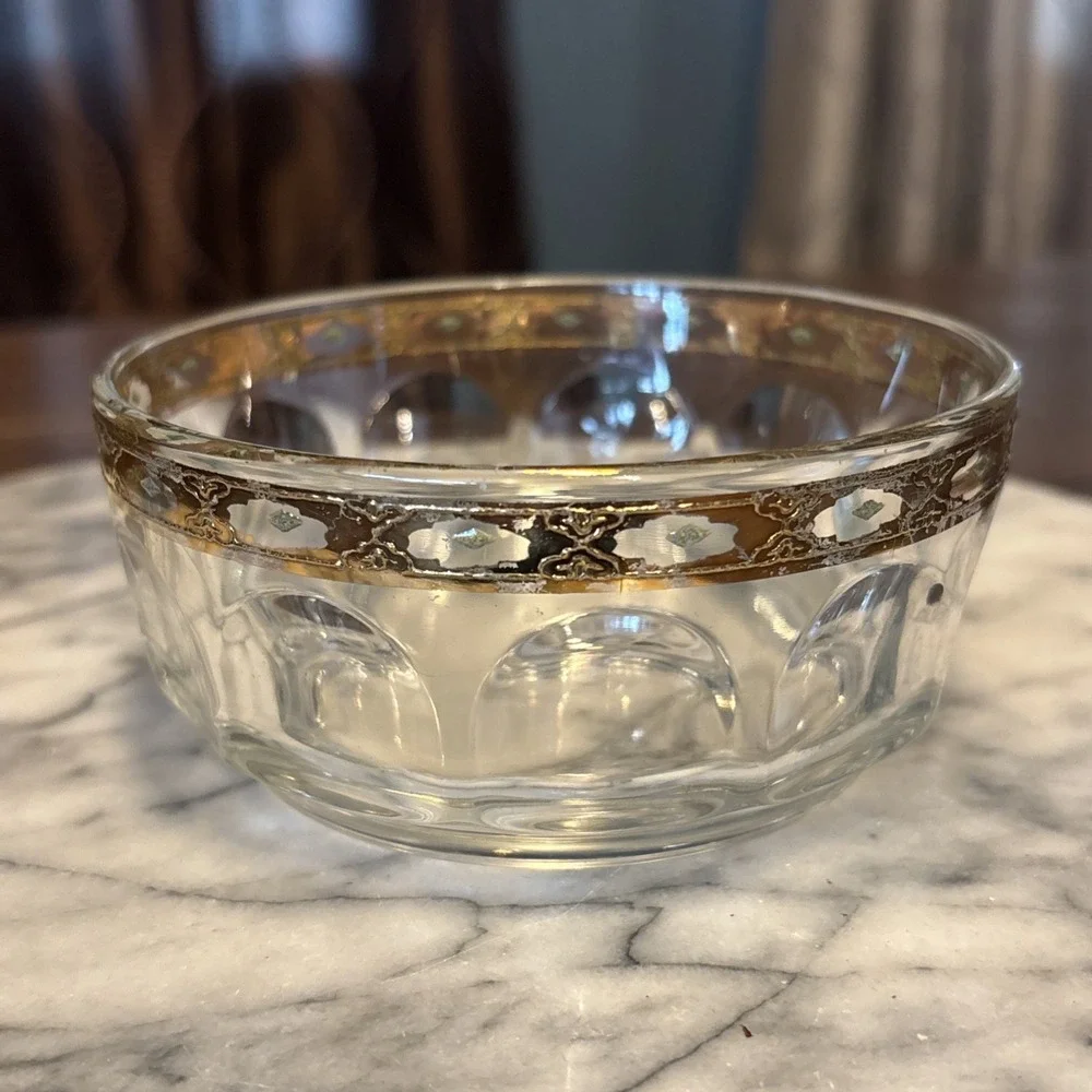 VTG 60s Arcoroc Culver Fruit Bowl Valencia Diamond France 22K Gold Regency 4.25